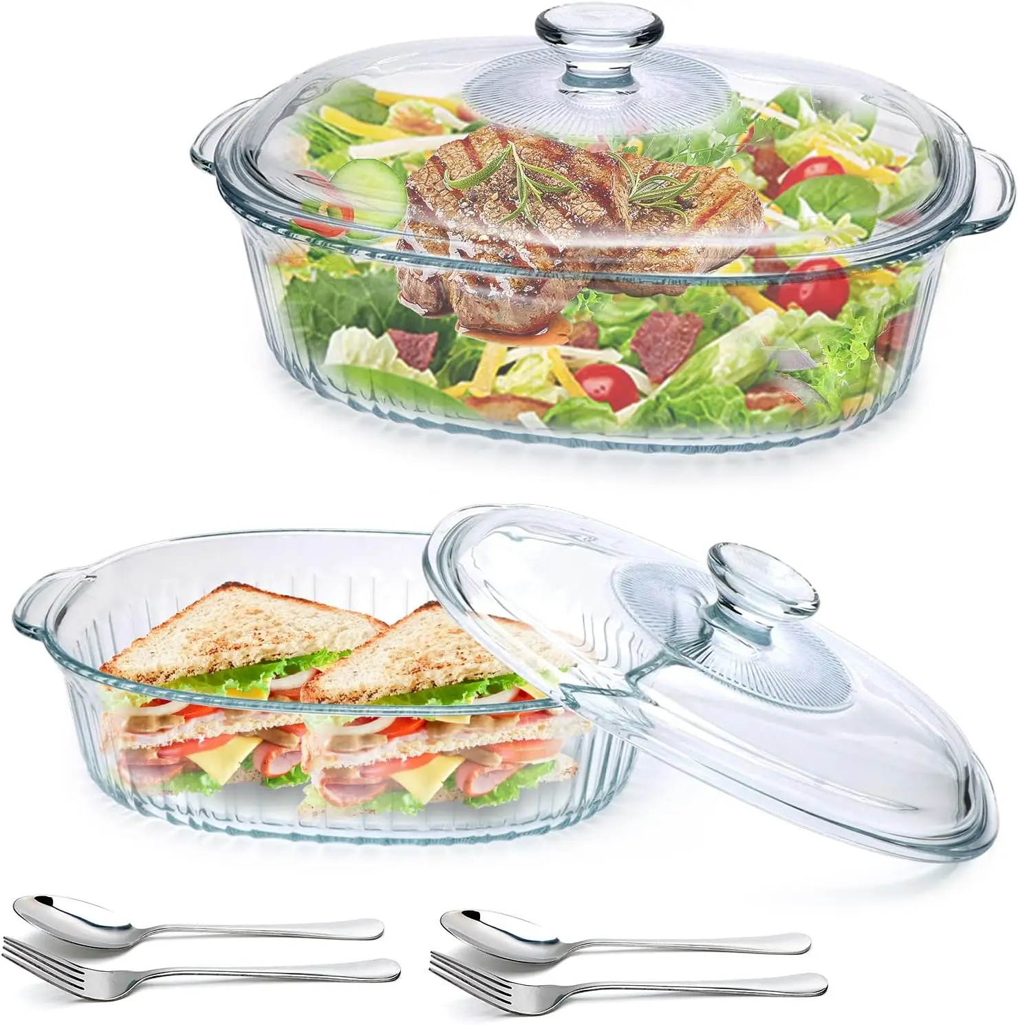 

2 Pack Glass Casserole Baking Dishes with Lids for Oven,1.9 Qt and 3 Qt Ribbed Oval Glass Serving Dishes Bakeware Set fo