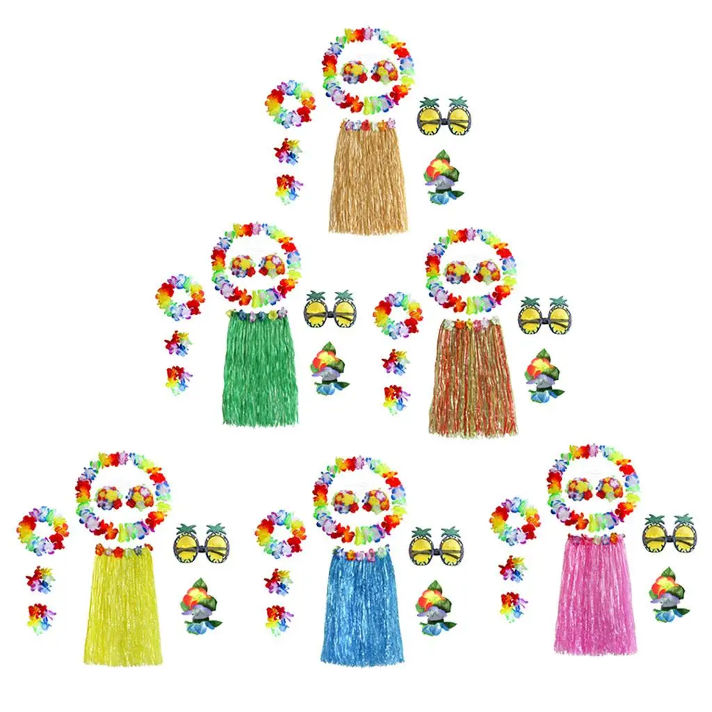 Zestaw hula dla dzieci i dorosłych z regulowaną spódnicą hula, naszyjnikiem i bransoletką, idealny na tropikalne imprezy luau, plażowe imprezy taneczne.