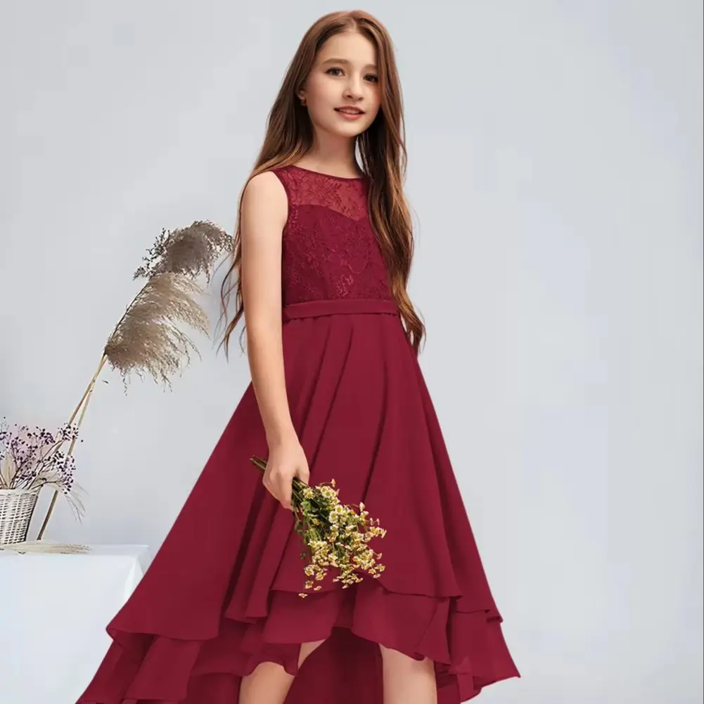 

WWA A-line Scoop Asymmetrical Chiffon Lace Junior Bridesmaid Dress With Cascading Ruffles Burgundy Flower Girl Dress for Wedding
