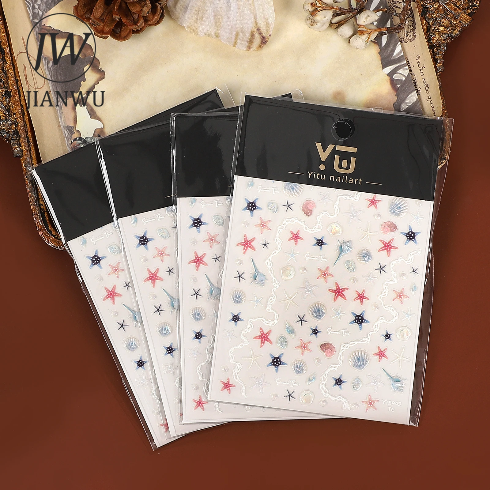 JIANWU 2 Pcs/set Kawaii Shell Starfish Shape Landscape Manicure Material Collage PET Sticker Creative DIY Journal Stationery
