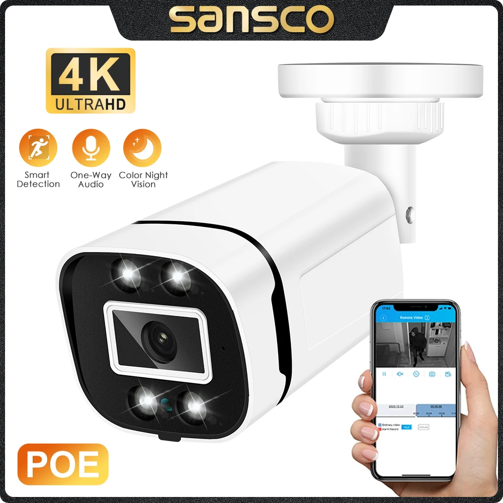 SANSCO 4K 8MP IP Camera POE AI Face Detection CCTV Security Cameras H.265 2K 4MP Outdoor Audio Video Surveillance Onvif TSEye