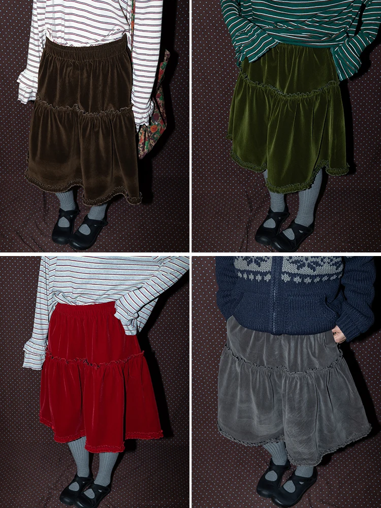 

Thiened Fce Lined Pure Color Elastic Waist Velvet f Skirt Japanese Sle Vintage Versatile Wooden Trim Speciali