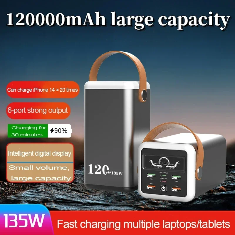 120000mAh Portable Power Bank PD 135W Fast Charging Mobile Power Station Outdoor Camping Power Bank LED USB for iPhone Laptop