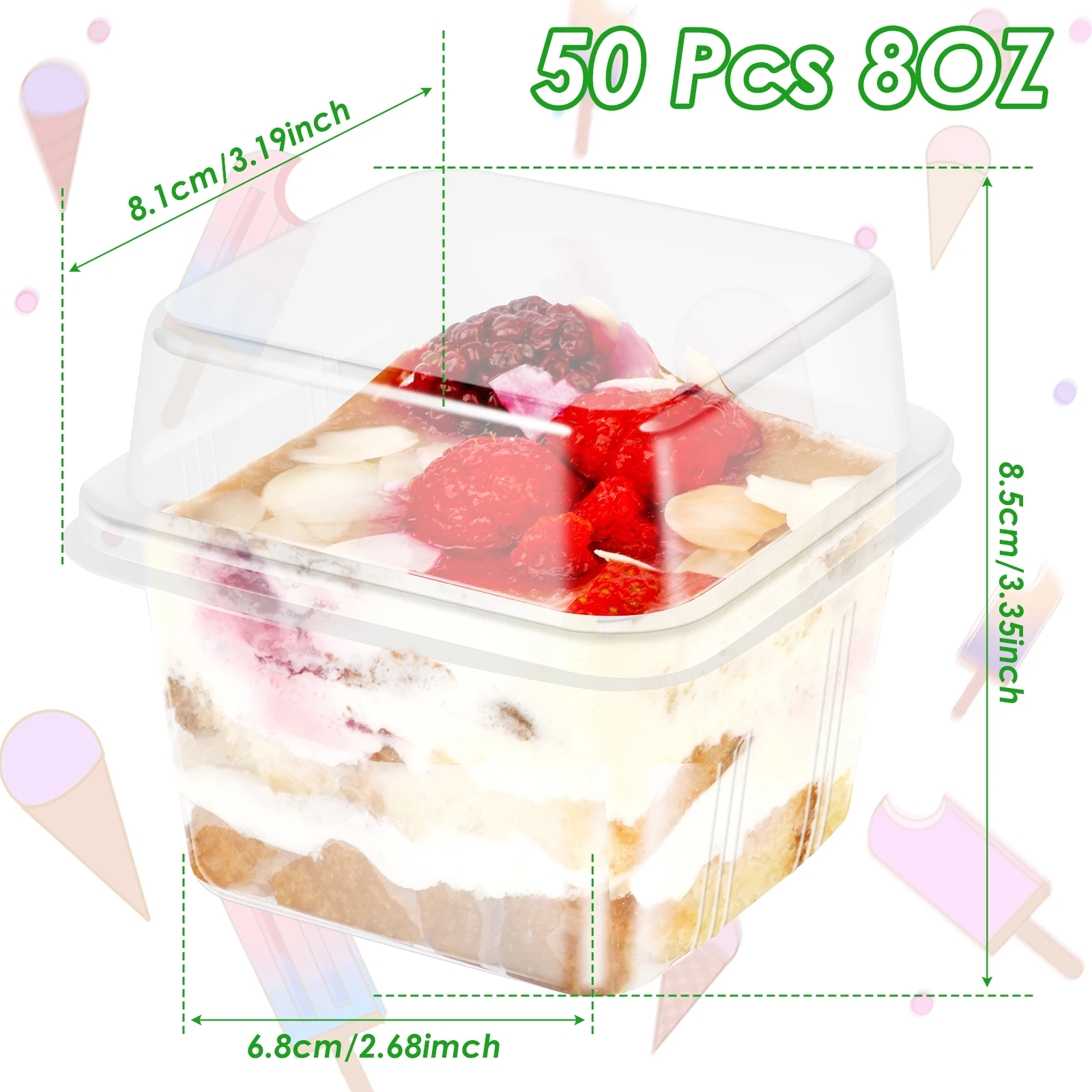 50Pcs Plastic Dessert Cups with Lids 8oz Cupcake Container Clear  Sealed Cake Storage Square Box Muffins Pudding Mousse Party