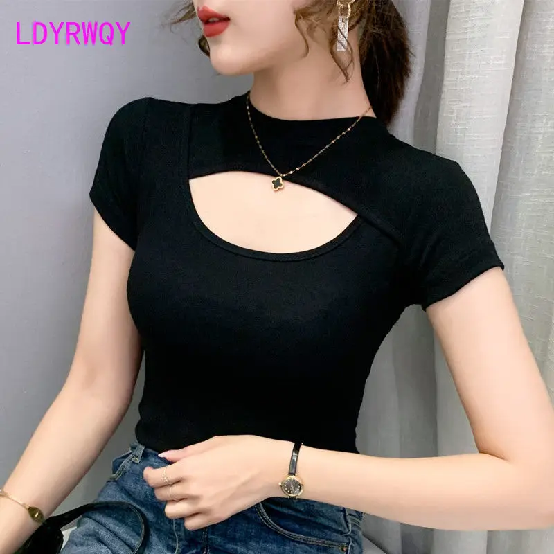 

Cotton T-shirt Women's Short Sleeve Summer New Open Chest Tight Hollow Out Pure Lust Spicy Girl Top