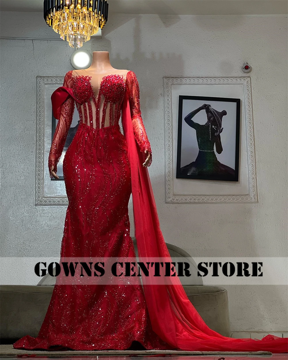 Active Red Beaded Long Sleeve Mermaid Evening Gowns For Elegant Wedding Party See Thru African Crystal Special Customized