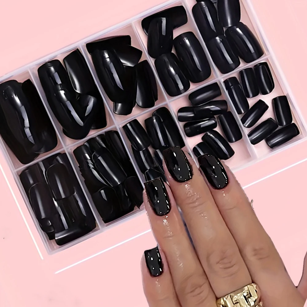 

120 шт. белых прозрачных накладных ногтей в коробке, черные глянцевые однотонные накладные ногти, съемные короткие квадратные искусственные ногти для самостоятельного маникюра