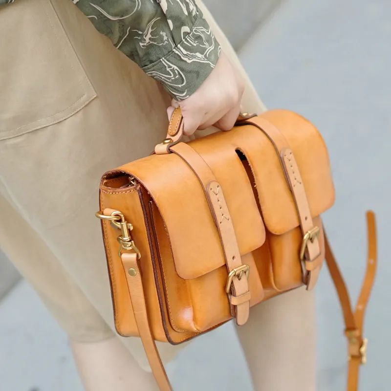 Vintage handmade high-quality genuine leather women messenger bag casual designer luxury natural real cowhide work shoulder bag