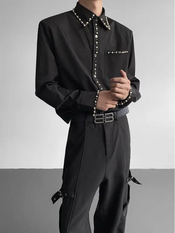 

Men's Long Sve irt Padded oulder Embroidered Pearl Faion Urban Sle Breathable Polyester Fiber All Season Casual Wear