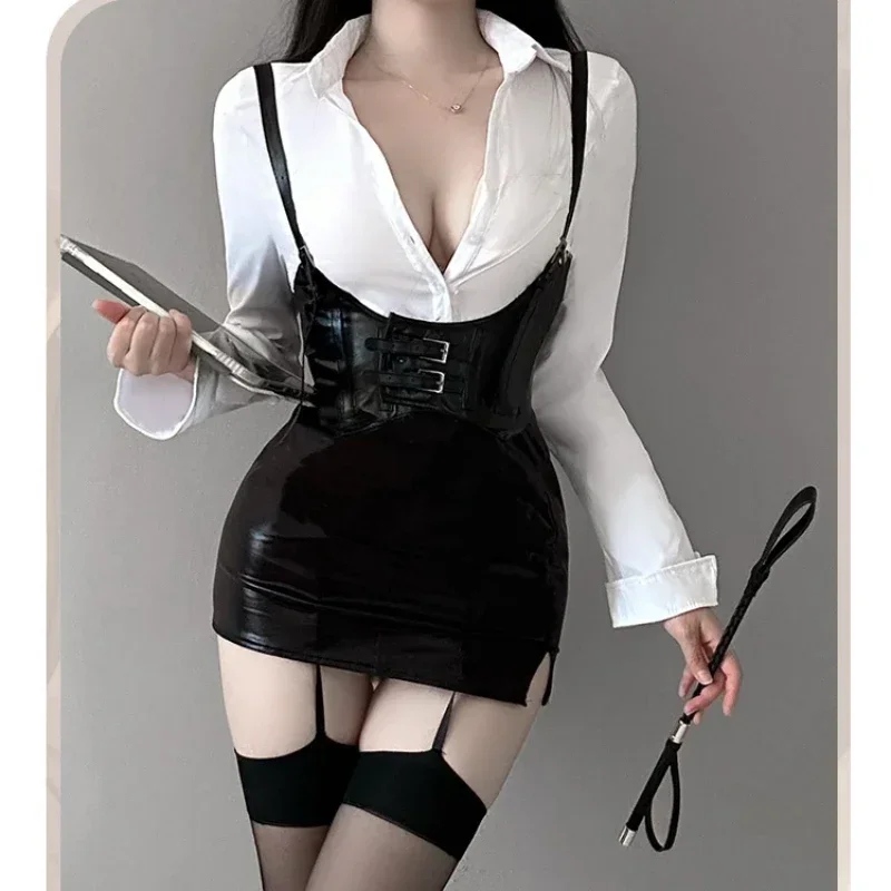 HN8 Erotic Secretary Outfits Office OL Uniform Women Black White Sexy Body Lingerie Deep V Temptation Nightclub PU Teacher C8…Gf