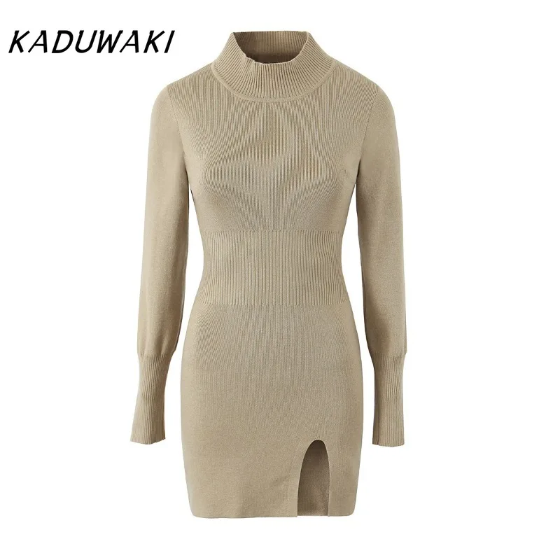 

KADUWAK Fashion Retro Half-high Neck Long-sleeved Knit Robe Casual Split Slim Pullover Mini Dress Летнее Платье Больших Размеров