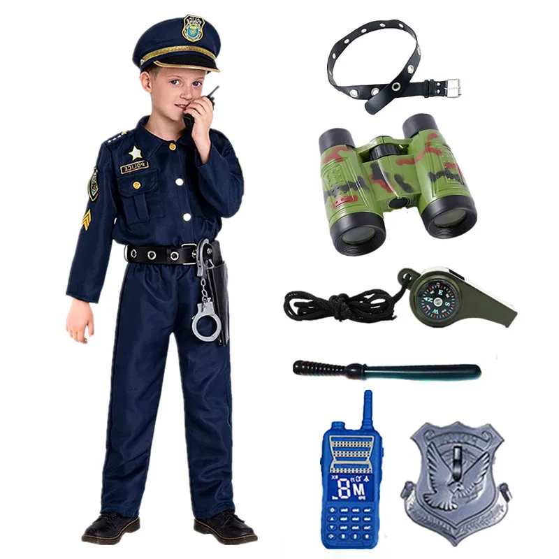 Ragazzi polizia con cappuccio Costume Cosplay bambino uniforme della polizia Playset con fischietto Walkie Talkie Baton binocolo accessori regalo