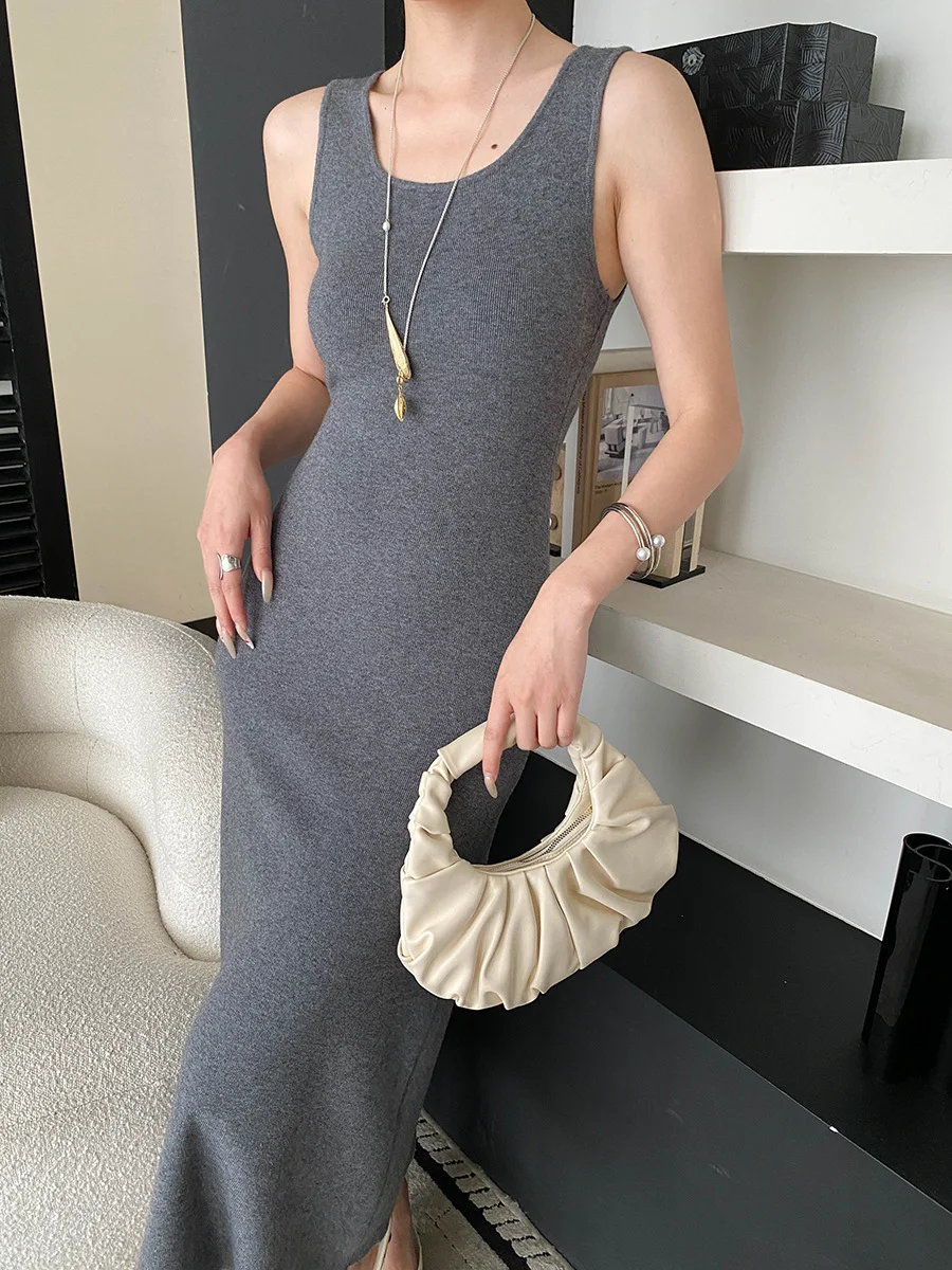 Frühlings- und Sommerkleid für Damen, einfarbig, modisch, im Pendlerstil, schmal geschnittenes Strickkleid – Detail 6