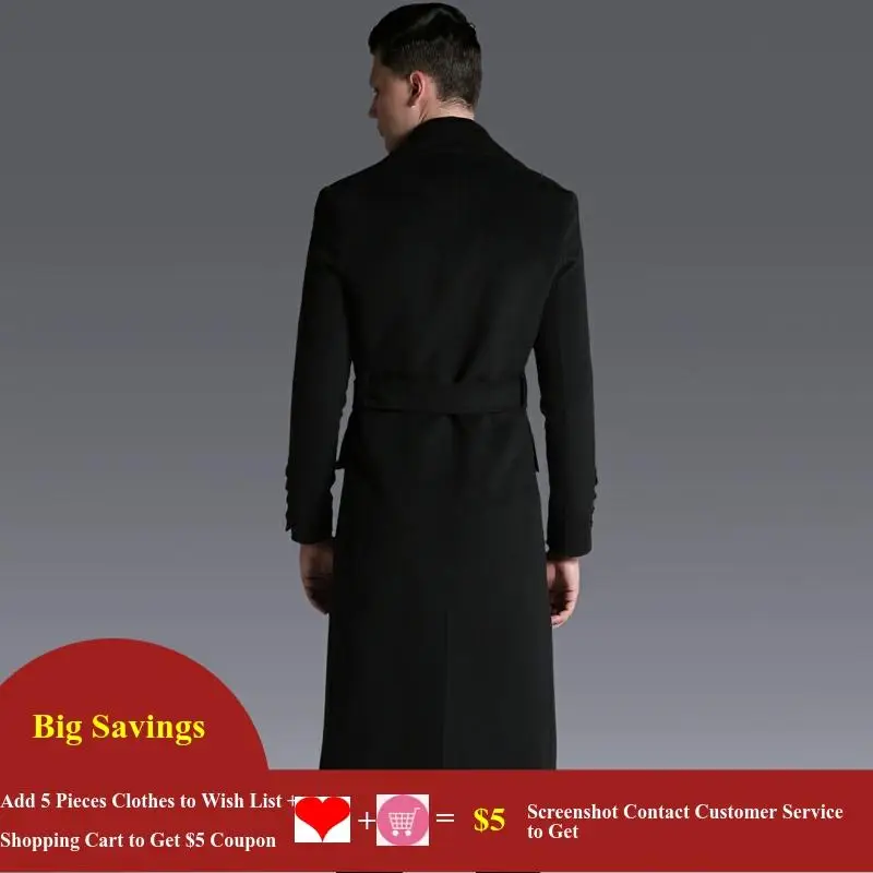 Men Fashion Double Breasted Work Business Long Wool Coat Plus Size Winter Turn-Down Collar Military Casual Solid Cashmere Coat