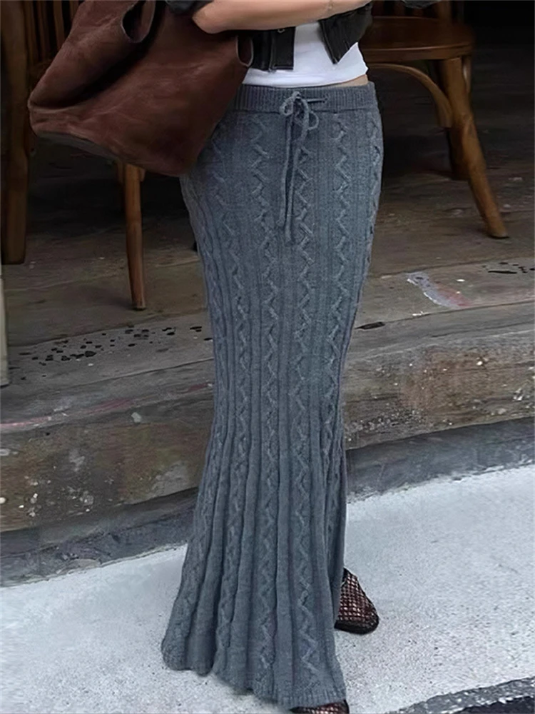 Absobe Twists Woolen Knitted Maxi Skirt Women Lacing Low Rise Slim Long Fishtail Skirt Hottie Autumn Winter Streetwear