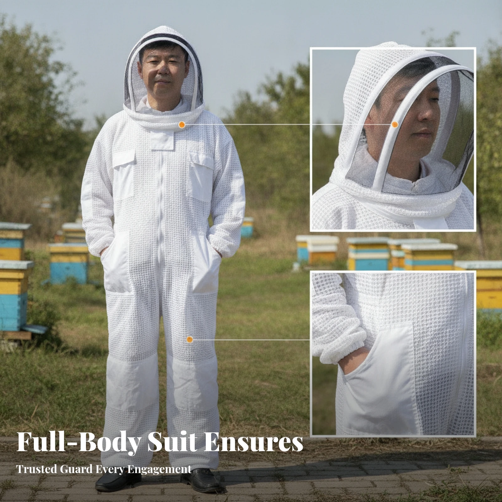 Reinforced Panels Bee Defensive Suit Hooded Coverall Pockets Beekeeper Suit with Veil Front Zipper Beekeeper Coverall