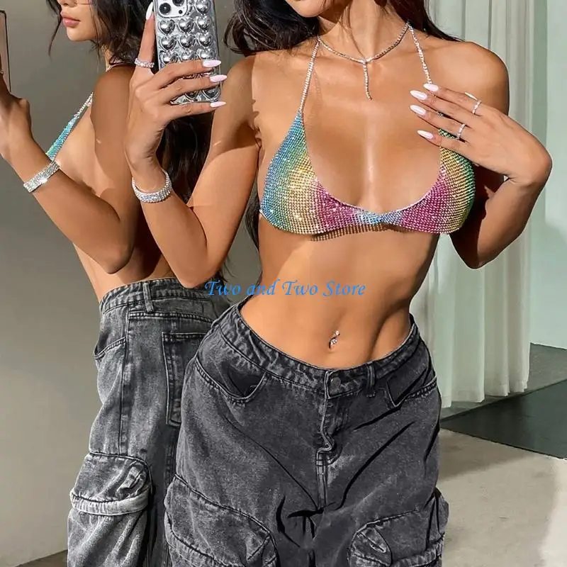 

HX6F Women Sparkling Rhinestones Halterneck Bra Body Jewelry Bralette Party Outfit