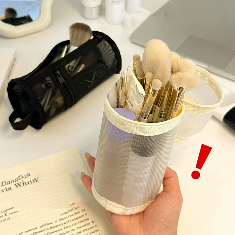 ~Mesh Dual-use Makeup Brush Storage Bag Portable Brush Case Simple Large Capacity Brush Bucket Holder Travel Stand-up Pouch.