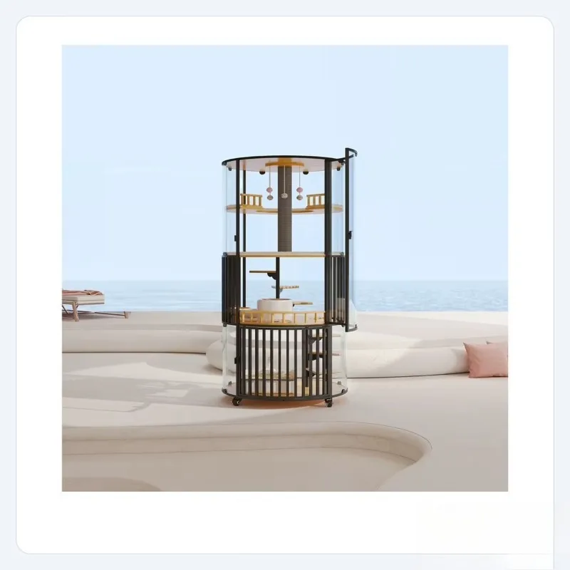 Luxury Modern Cat Villa Pet House Snap Button Spinner Wheel Wood Glass