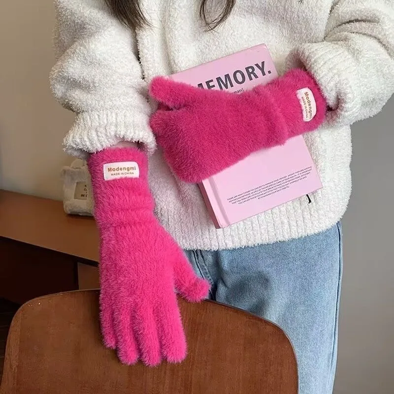 Korean Plush Gloves Women's Winter Velvet Mittens Winter Thick Warm Knitted Gloves Solid Color Touch Screen Long Glove Gift