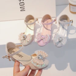 Children's Shoes Princess Shoes Fashion High Heel Bow Girls Crystal Shoes 2-15 Years Silver Hundred Kids Leather Shoes Sandals