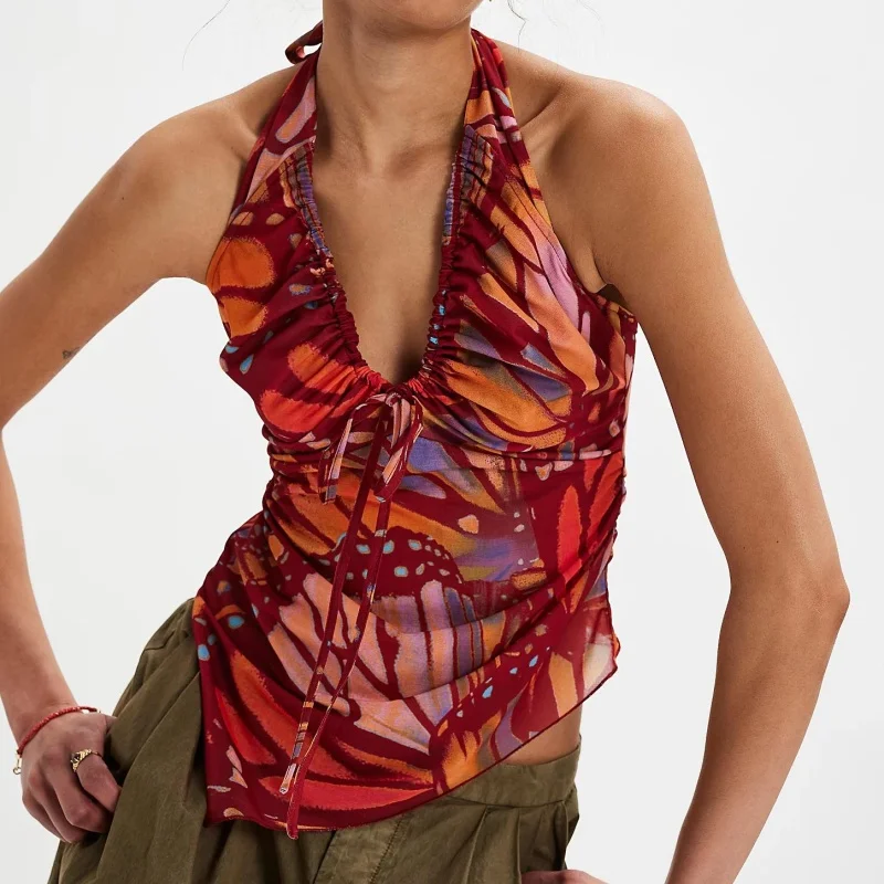 Top con cuello Halter Floral Y2k para mujer, camiseta sin mangas con estampado de flores, camiseta sin mangas Vintage para salir de verano, ropa de calle para niñas