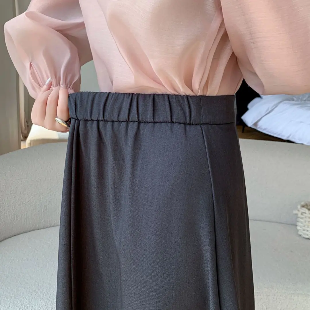 Elastic Waist Gray Office OL Midi Pleated Skirts Woman Spring Autumn Elegant Casual Suits A-Line Skirt Lady