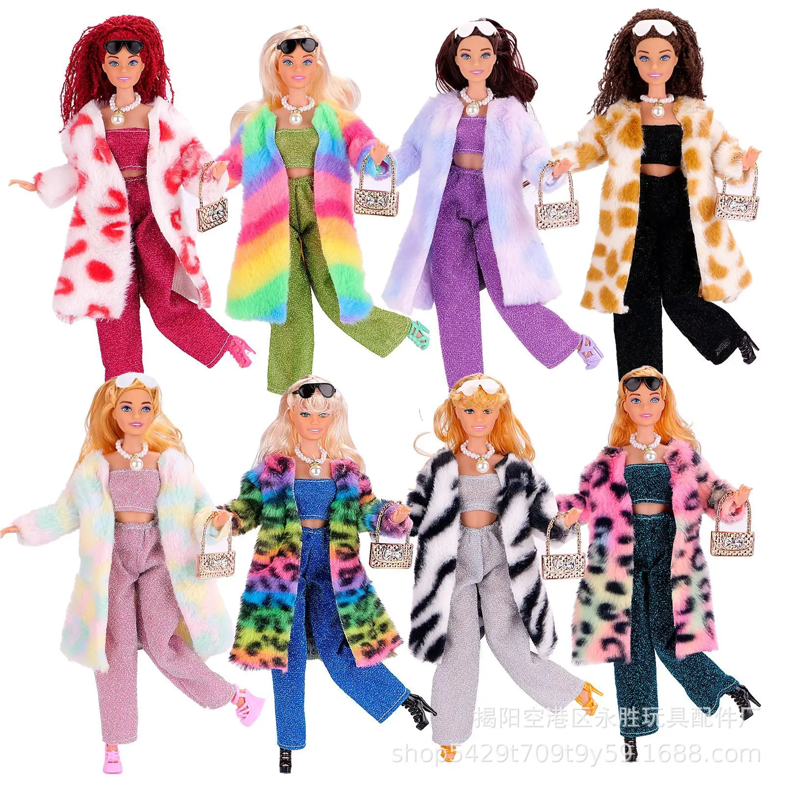 1 Set Long Sleeve Soft Fur Coat Tops Bag Shoes Winter Warm Casual Wear Accessories Clothes for Barbie Doll Kids Toy