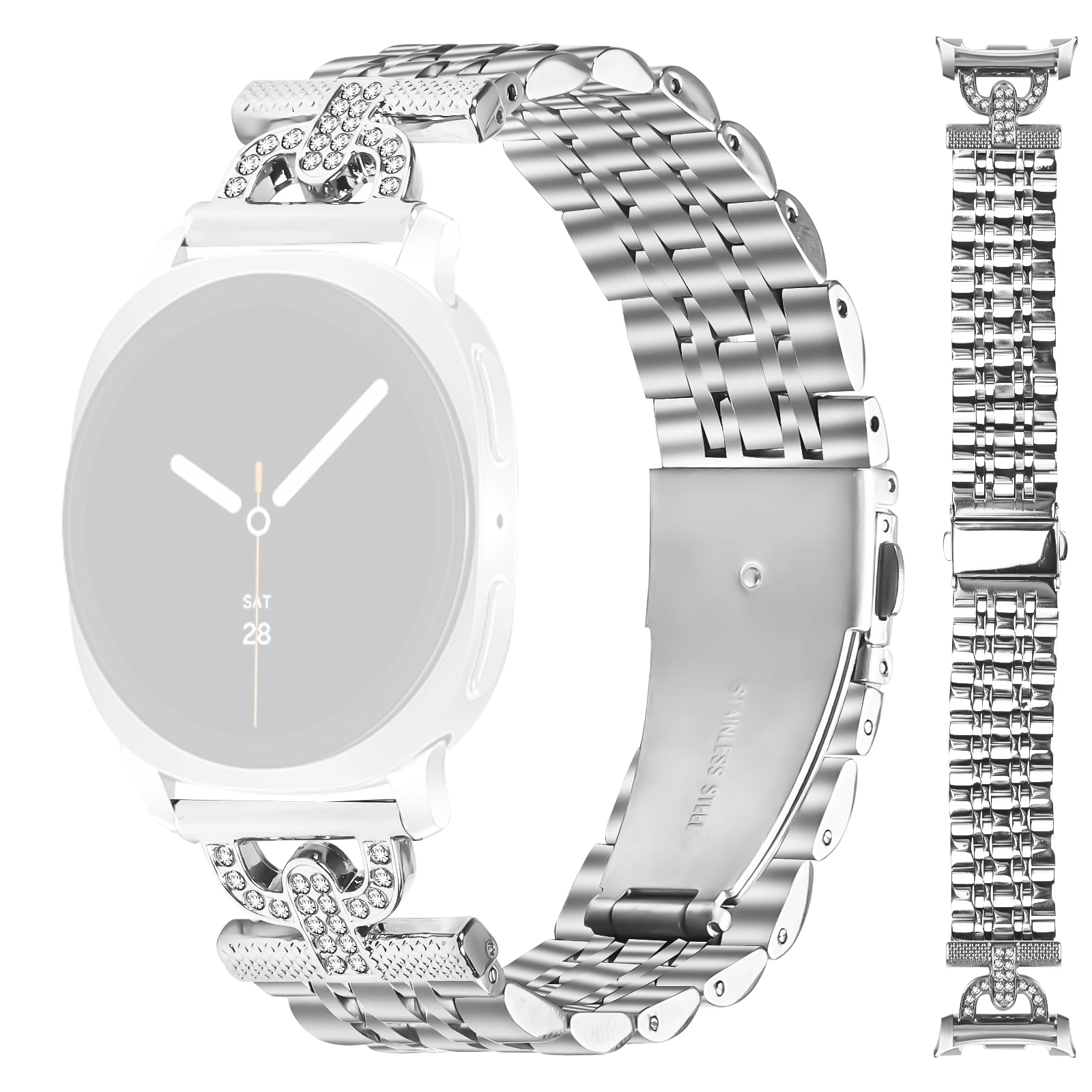 

For Samsung Galaxy Watch Ultra (2025) 47mm / Watch Ultra 47mm Watch Band 7-Bead D-Shape Rhinestones Decor Silver Stainless Steel