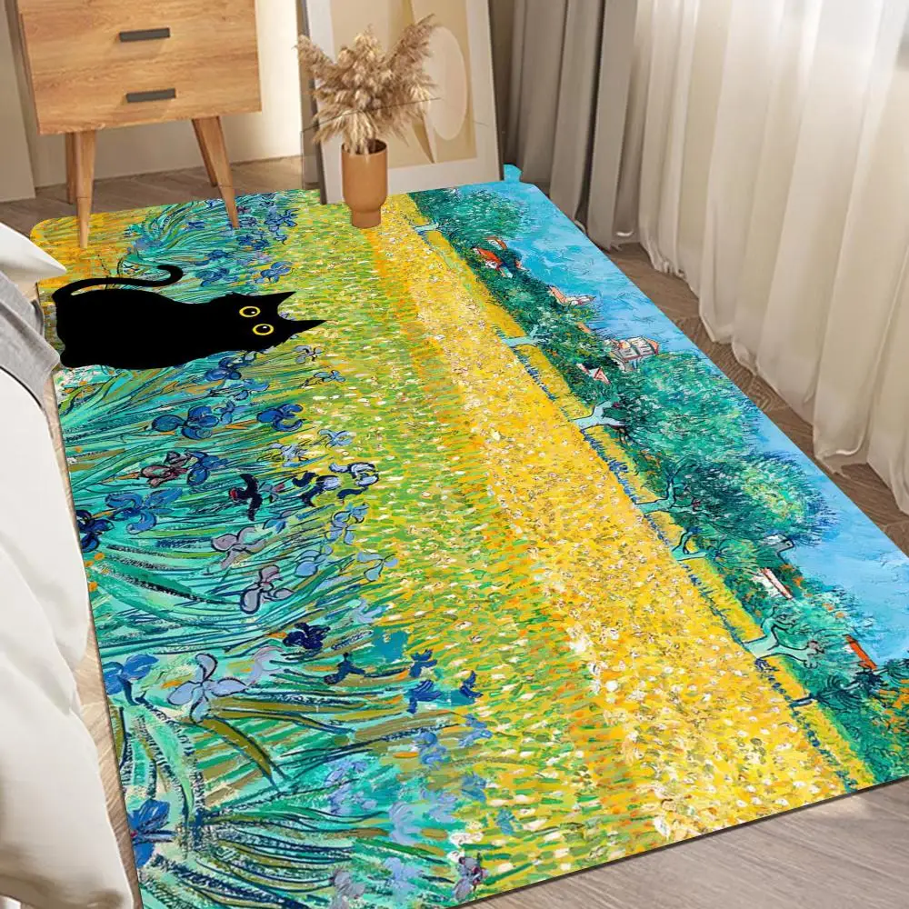 Van gogh black cat Floor Mat Door Mat Washable Non-Slip Living Room Sofa Chairs Area Mat Kitchen Doormat Area Rug