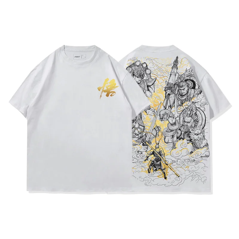 

Sun Wukong The Four Heavenly Kings Golden Shimmer Washed Crewneck 100% Cotton Short-Sleeve Vintage T-shirt