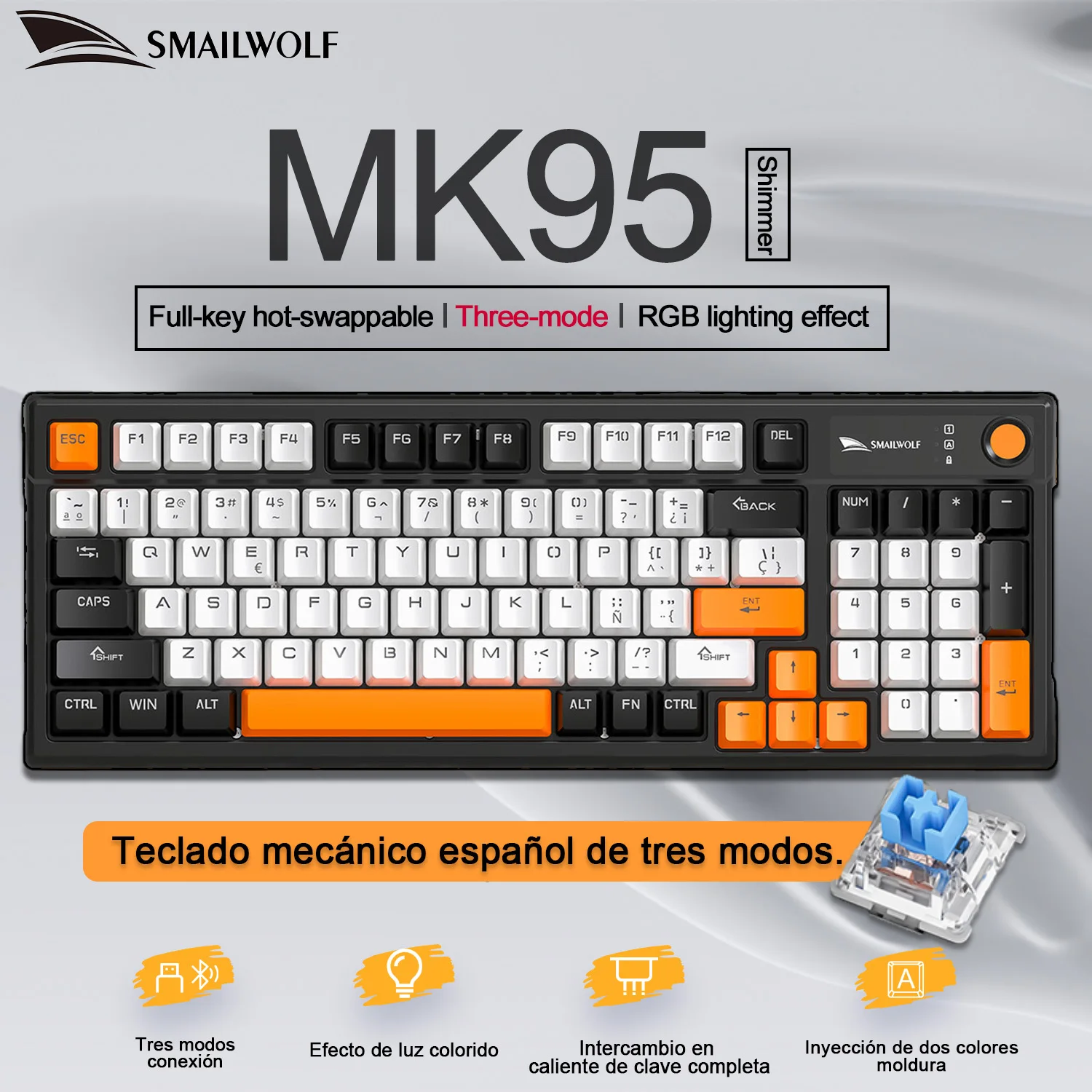 

SMAILWOLF MK95 Bluetooth Wireless Spanish Mechanical Keyboard Customized Gaming Laptop Computer for Office RGB Light Effect