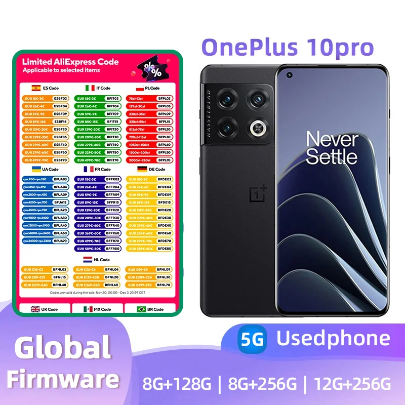 هاتف ذكي OnePlus 10pro 5G، شاشة AMOLED عالمية، 8 جيجابايت، 128 جيجابايت، سنابدراجون 8Gen1 80 وات 5000 مللي أمبير في الساعة، هاتف أندرويد مستعمل