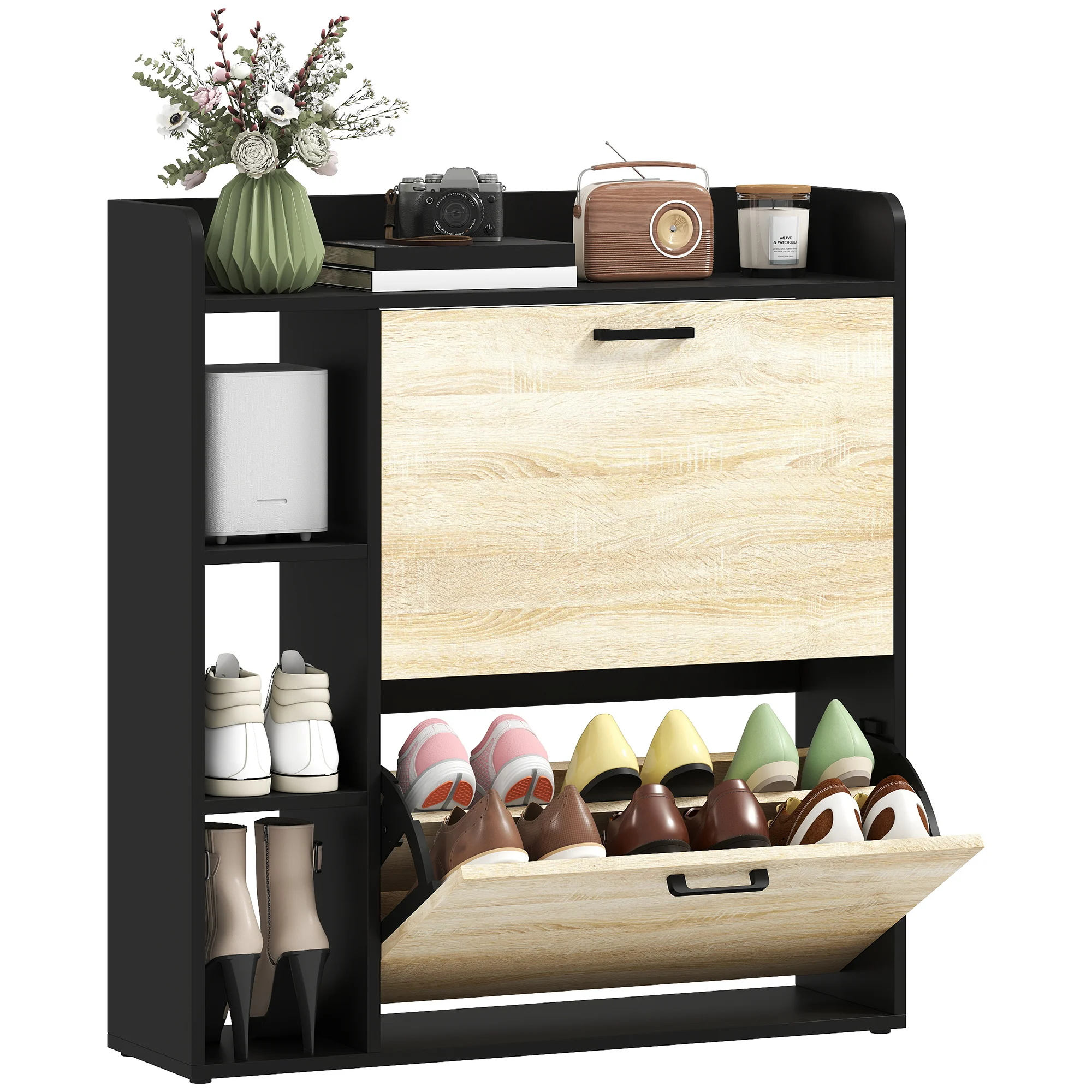 Homcom Scarpiera stretta con 2 ante, Scarpiera da ingresso con 3 ripiani laterali e ripiani regolabili, per 15 paia di scarpe, per corridoio, piccolo spazio, 83X24X90,5 cm