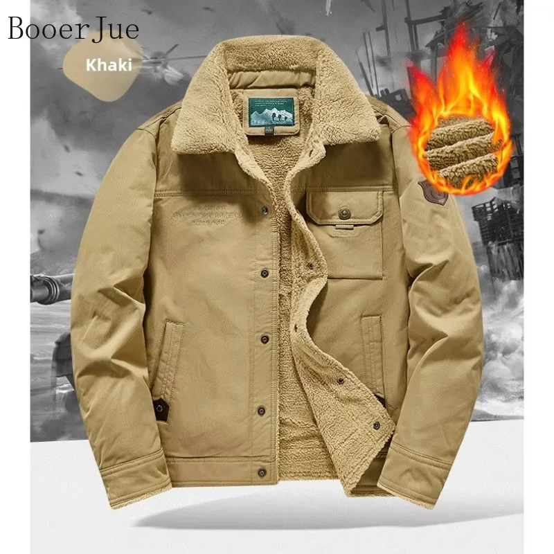 Men's Turn-down Collar Workwear Cotton Jacket Thick Sherpa Fleece Liner Heat Retention Warm Outerwear Autumn Winter Camping
