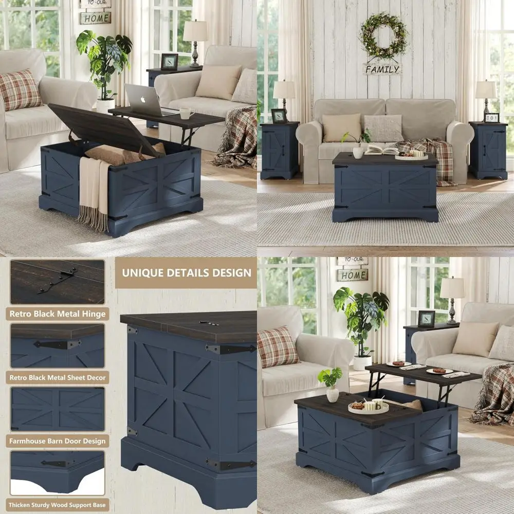 طاولة قهوة حديثة على طراز المزرعة مع مساحة تخزين قابلة للرفع، طاولة مركزية خشبية لغرفة المعيشة/الاستخدام المنزلي