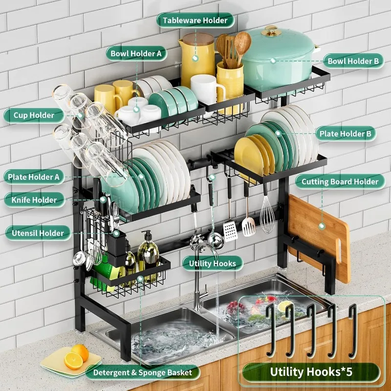 Expandable Length 3-Tier Large Stainless Steel Over The Sink Dish Rack with 6 Baskets, Utensil Holder Dish Drainers