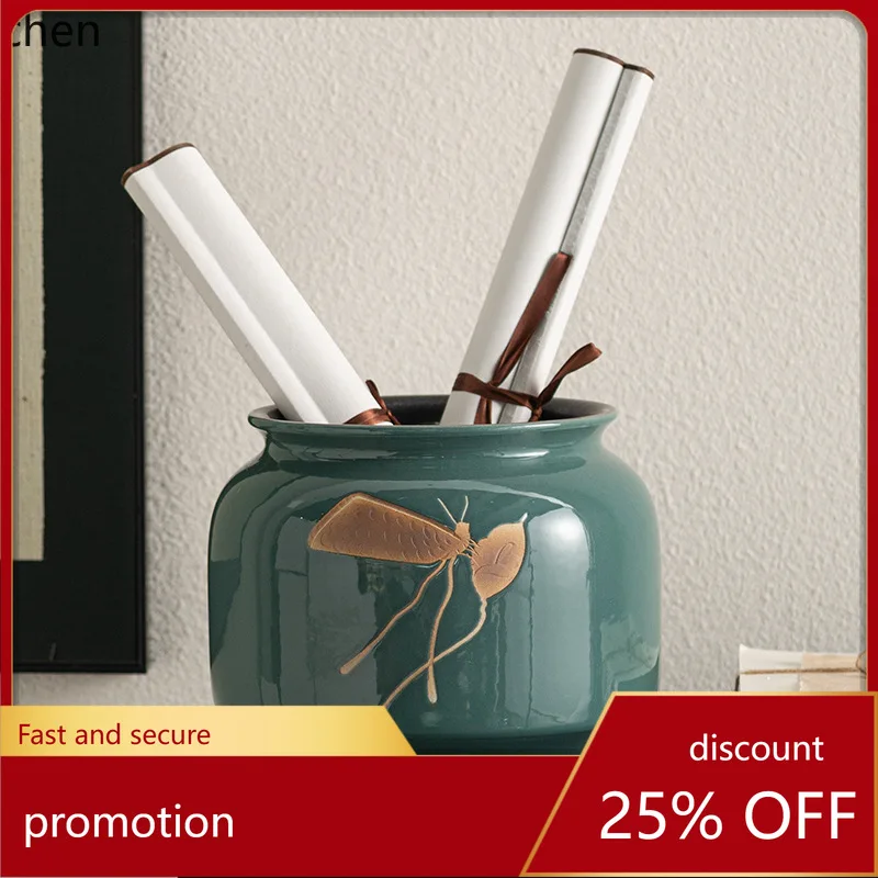 

HXL Dark Green Ceramic Flower Pot Living Room Study Tea Room Flower Arrangement Soft Decoration