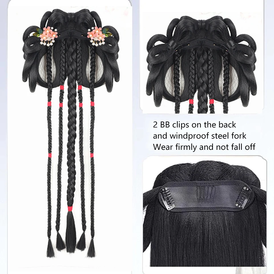 Chinese Ancient Hanfu Wig Synthetic Antique Bow Bun Novice Daily Song And Ming Dynasty Costume Style Wig Hair Bun With Headdress