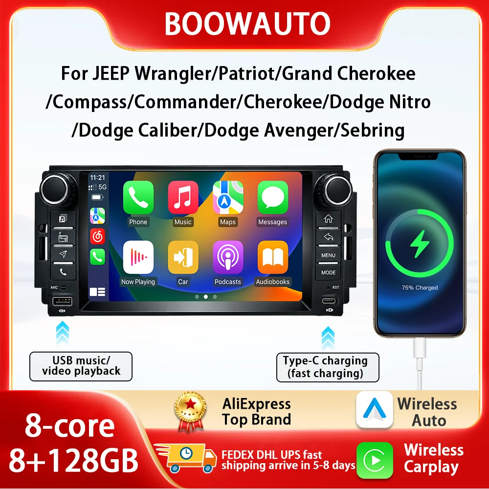 7inch Car Radio Carplay For Jeep Wrangler 3 JK 2010 - 2018 Navigation GPS Android Auto Stereo Multimedia Player 5G Wifi Video