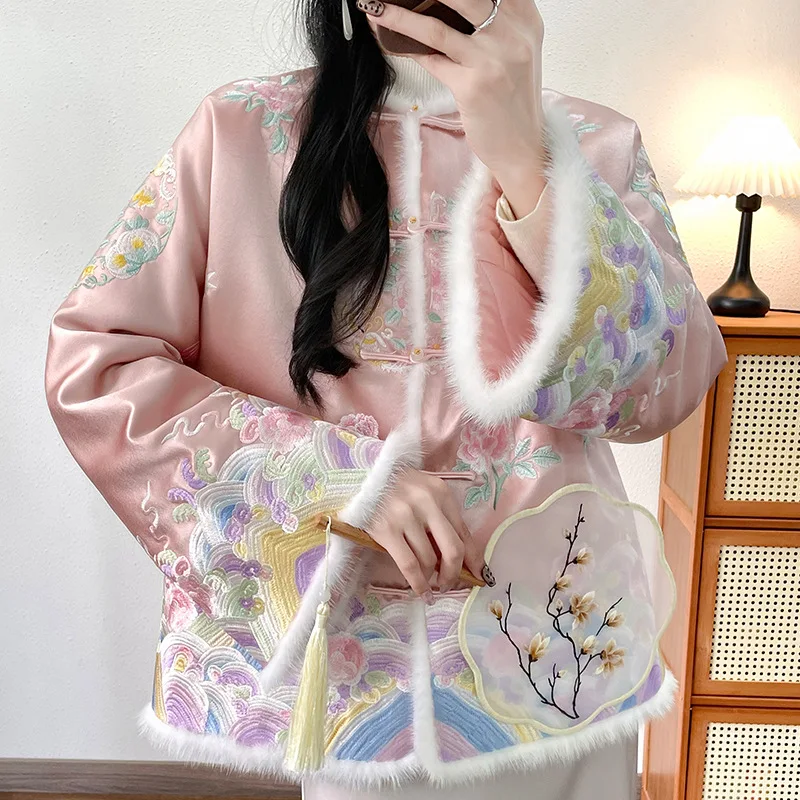 

High-end Winter Warm Coat New Chinese Style Stand Collar Acetate Mink Fur Women Loose Coat Elegant Embroidery Flowers S-XXL