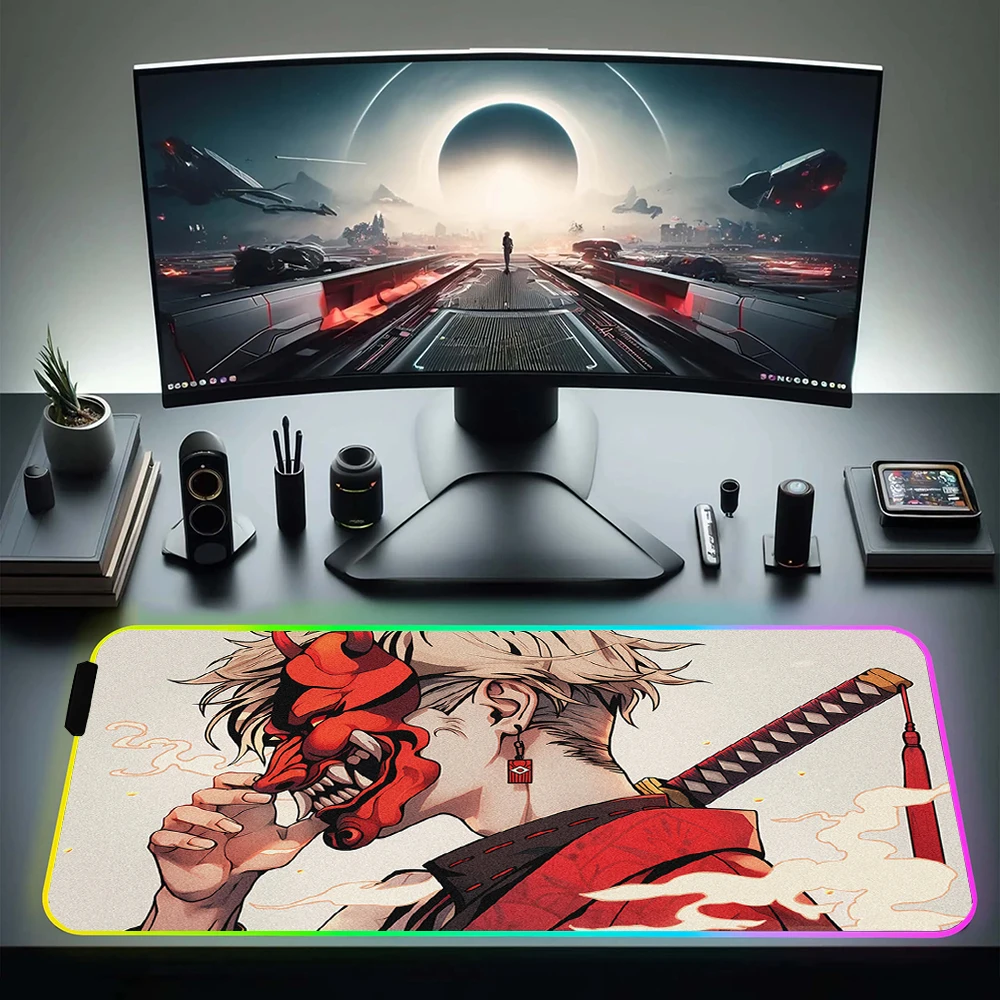 

Oni Mask Samurai Mouse Mat RGB Gaming Mousepad Anime Non-Slip LED Mouse Pad With Backlit Computer Desk Mat XL Large Keyboard Mat