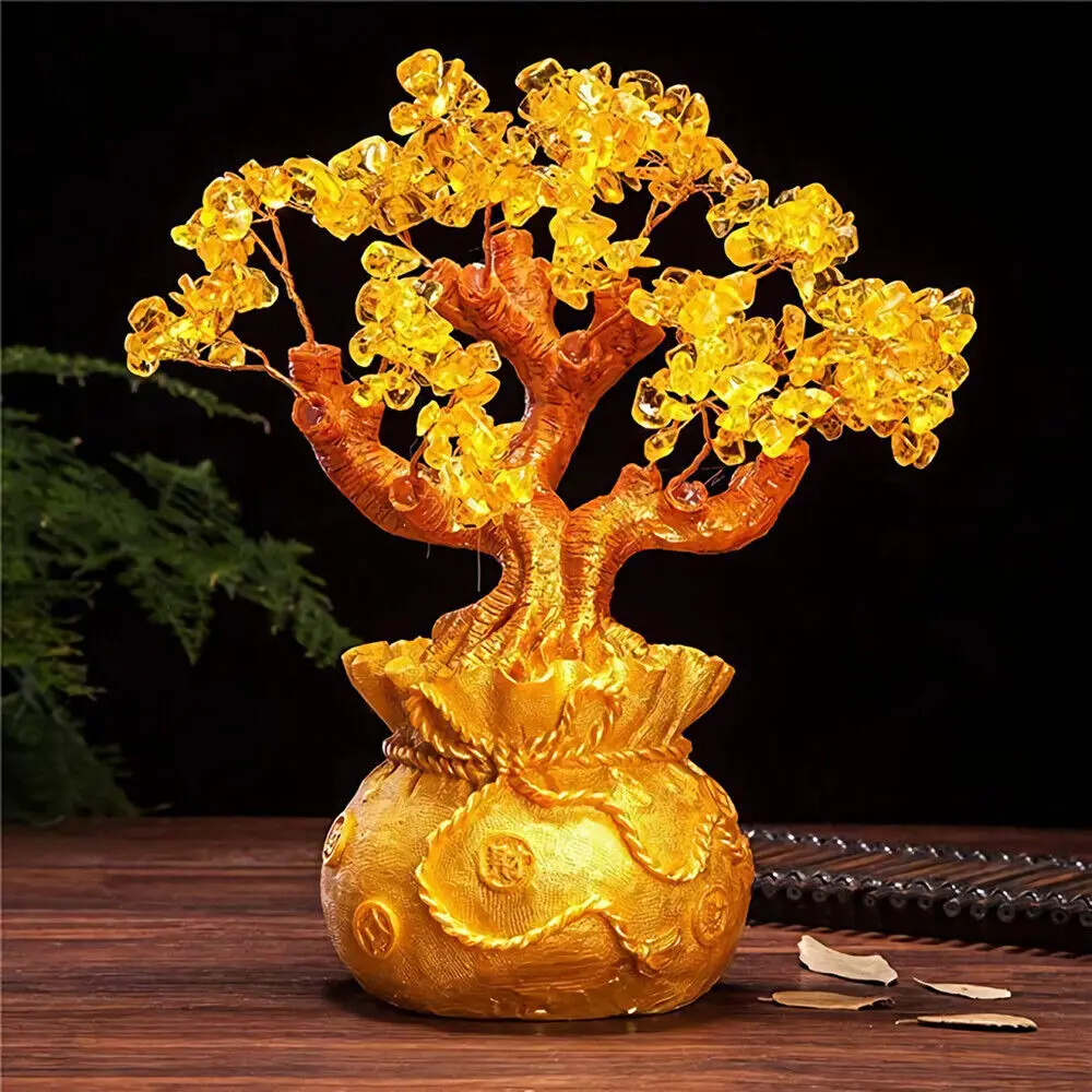Golden Money Tree Feng Shui Crystal Citrine Wealth Tree Plant Lucky Bonsai Style Collection Crafts Home Desk Decor Statue Gift