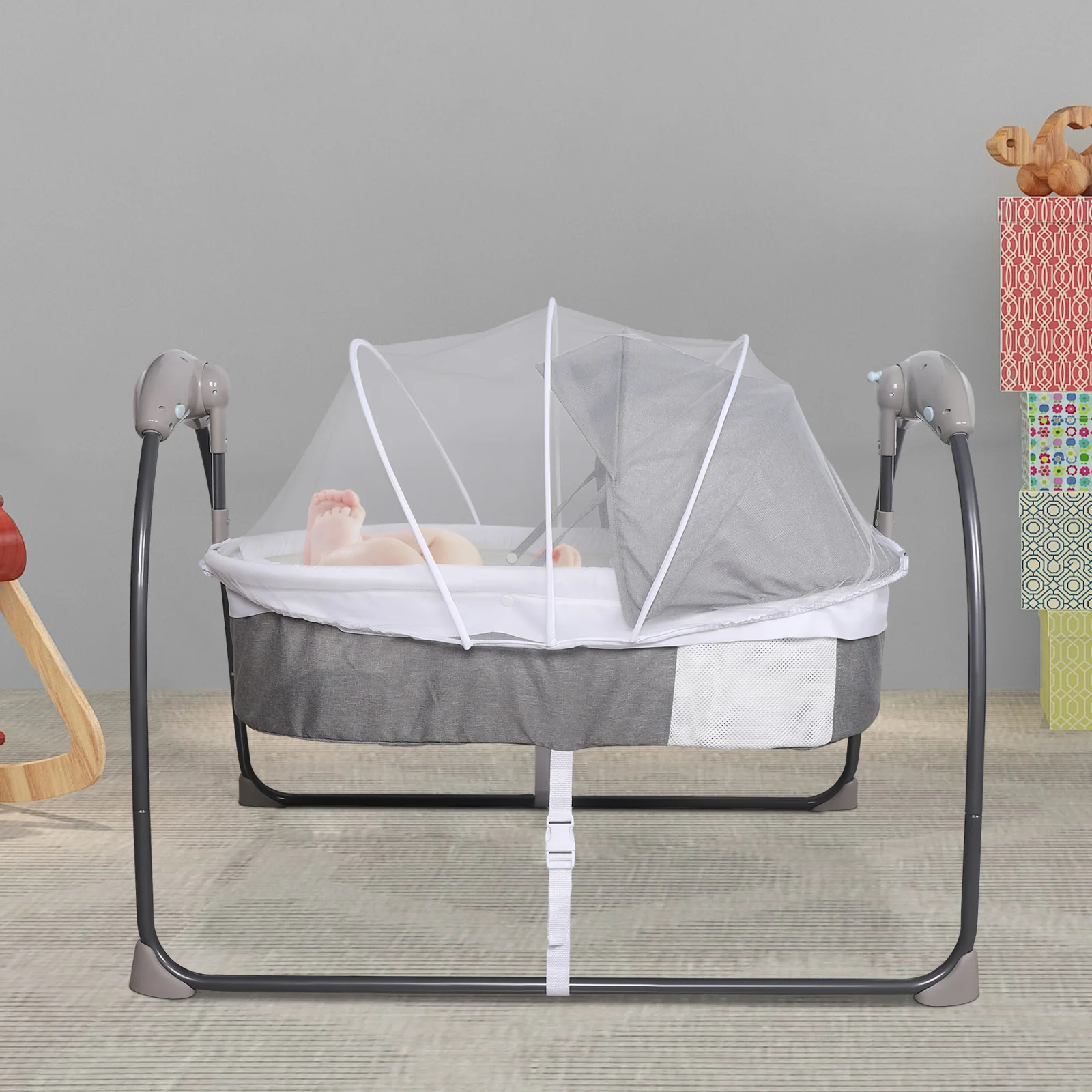 Babybett, 3 Geschwindigkeiten, automatische Schaukel, elektrische Babyschaukel, Babywippe, Babyliege, Wiege bis zu 18 kg, mit Musik