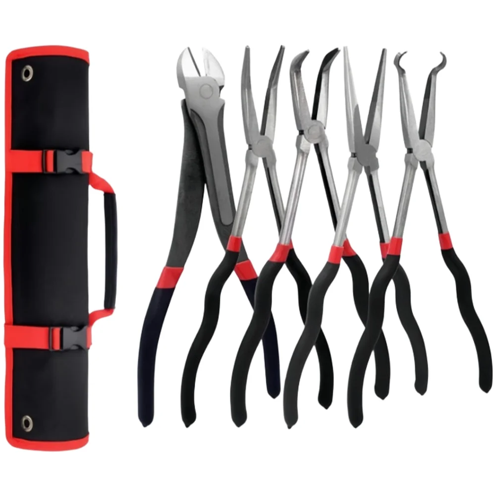 Needle Nose Pliers 11 Inch 5PCS Set Includes 45 Degree and 90 Degree Bent Tip Tools for Tight Space Work and Precision Handling