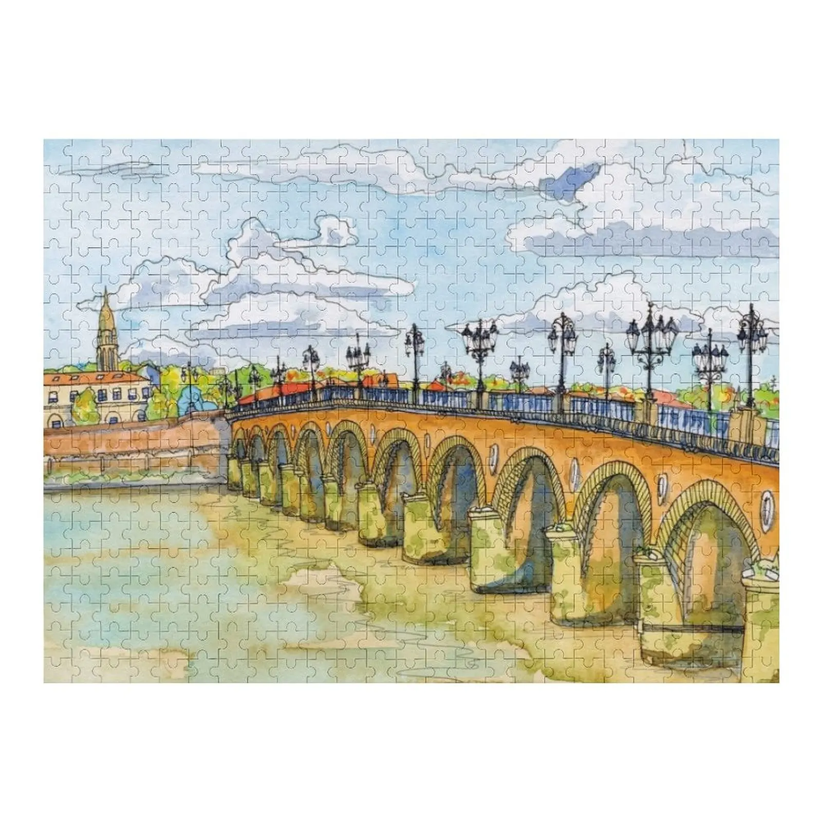 

Watercolor Stone Bridge Bordeaux Jigsaw Puzzle Custom Jigsaw Anime Puzzle
