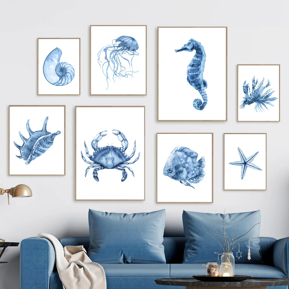 Impresiones de Arte Mural Acuarela Azul con Temática Costera, Póster de Criaturas Marinas Náuticas: Conchas, Medusas, Caballitos de Mar, Cangrejos, Estrellas de Mar, Decoración para Casa de Playa