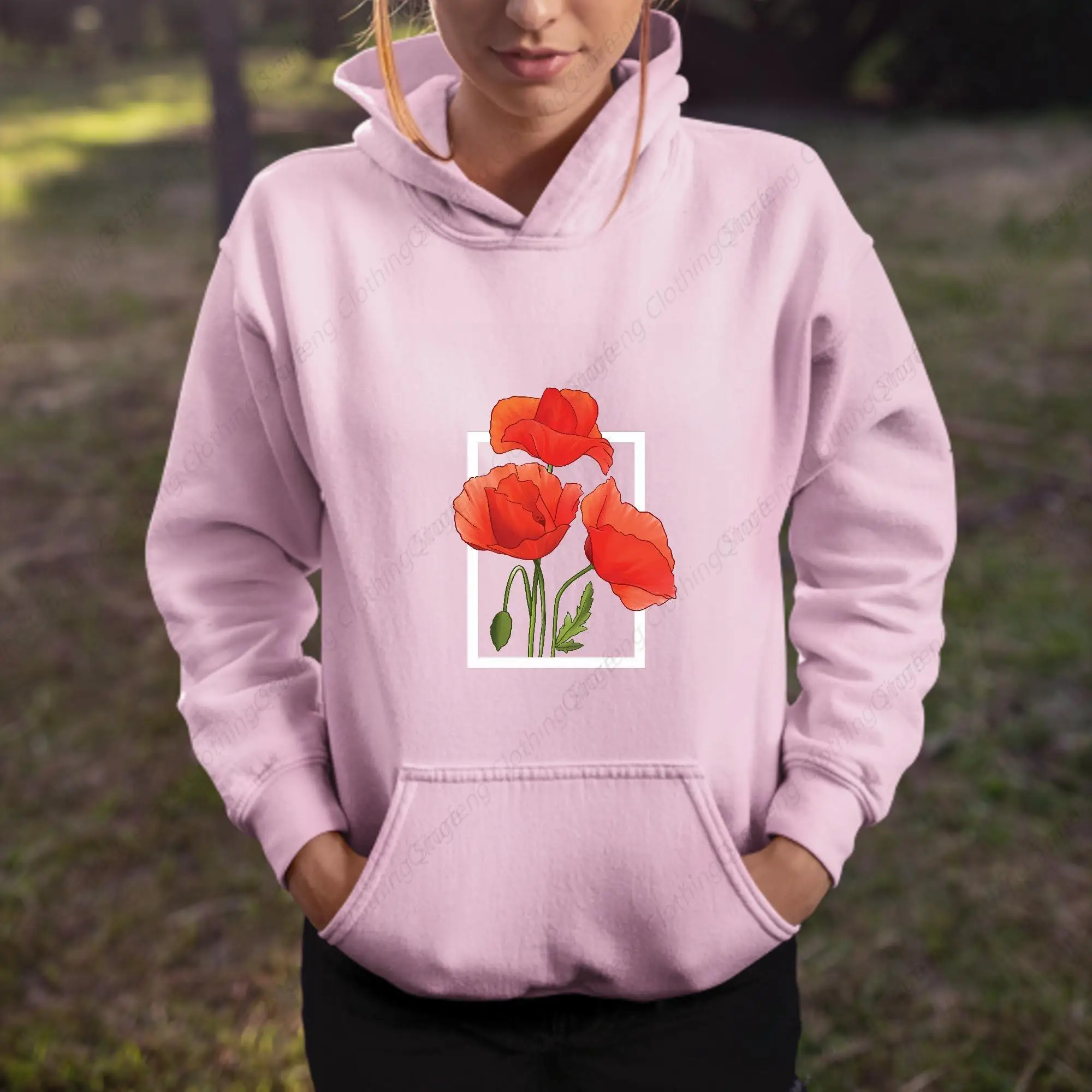 Gift Idea for Nature Lovers Red Flowers in Watercolor Style Gray and Muticolor Unisex Hoodie