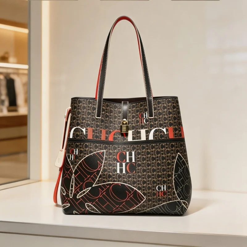 CHHC Women Leaf Letter Print Tote Bag Faux Leather Metal Lock Decor Detachable Shoulder Strap Large Capacity Handbag