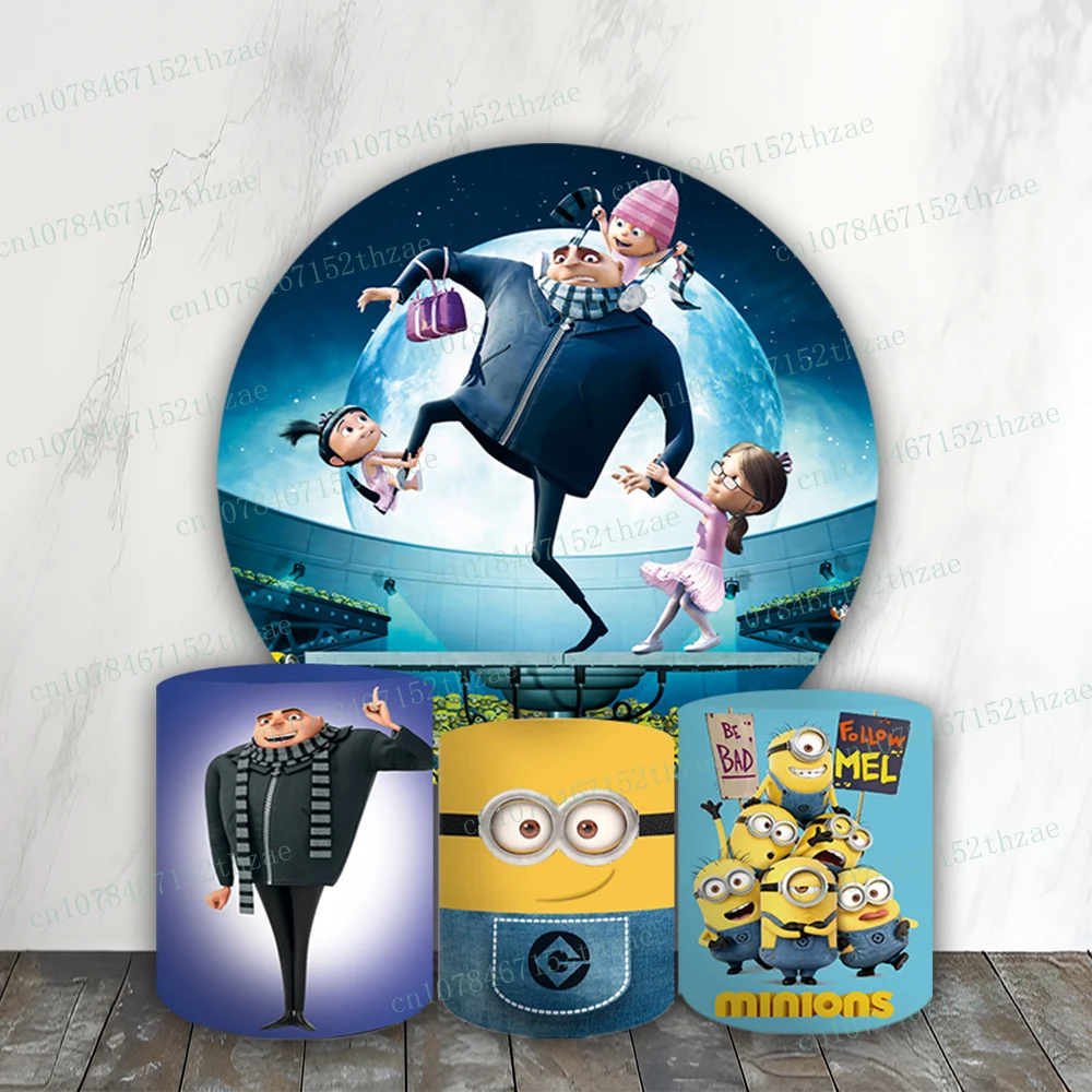 

Minions Birthday Party Photo Backdrop Baby Shower Photo Background Round&Cylinders Plinth Covers Decoration